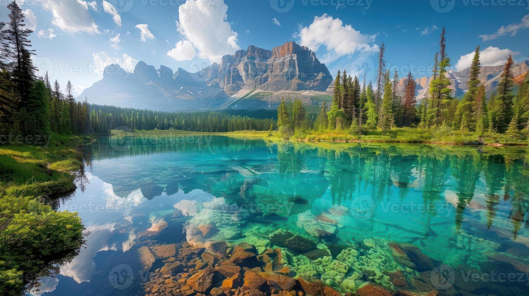 A serene lake reflecting mountains and trees under a bright sky. photo