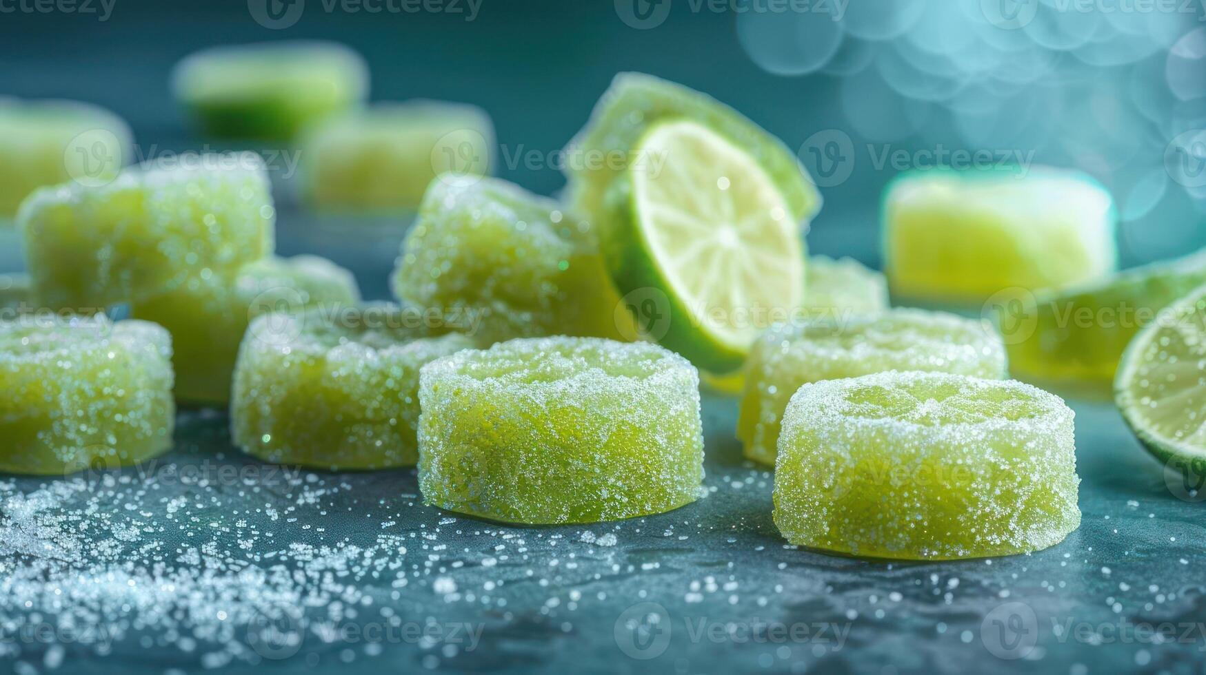 A vibrant display of lime-flavored candies sprinkled with sugar, evoking a refreshing treat. photo