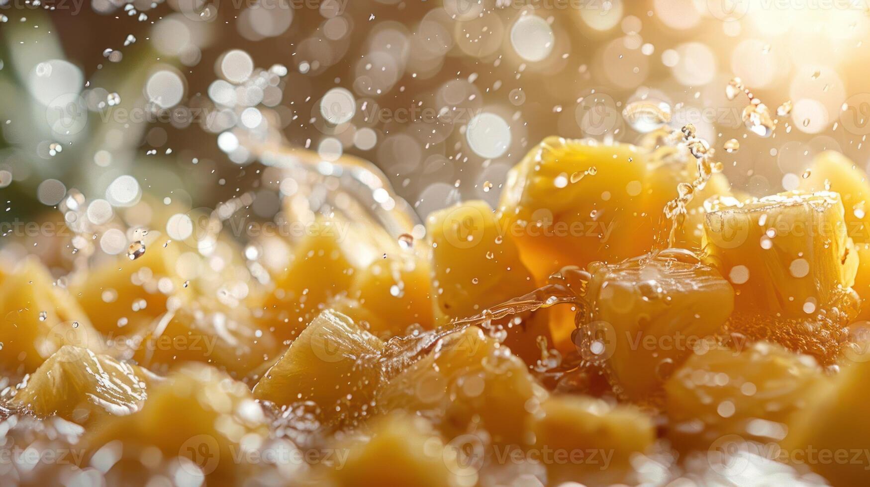 Close-up of pineapple chunks splashing in water, creating a refreshing and vibrant scene. photo
