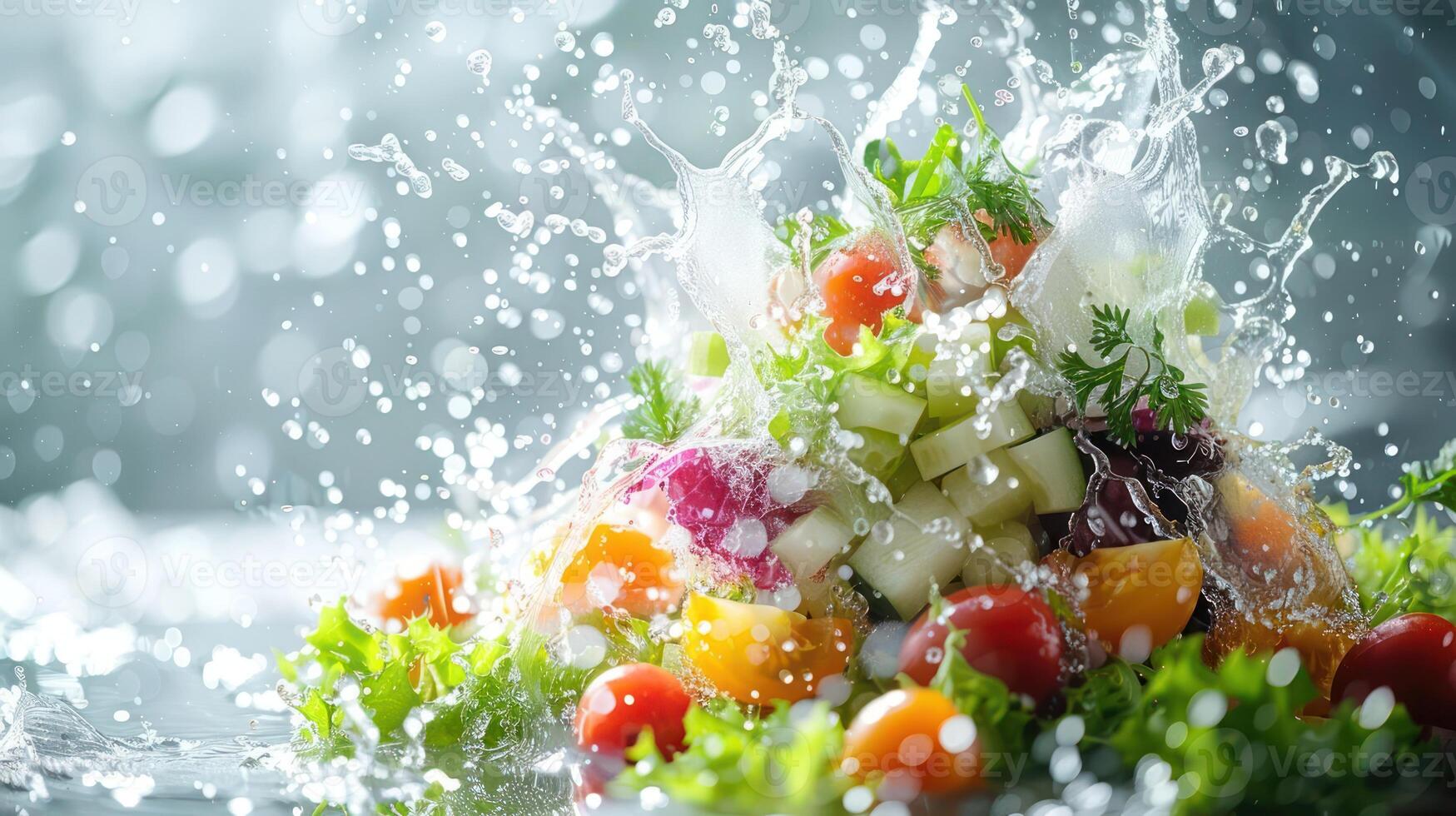 A vibrant splash of fresh fruits and vegetables creating a dynamic, appetizing display. photo