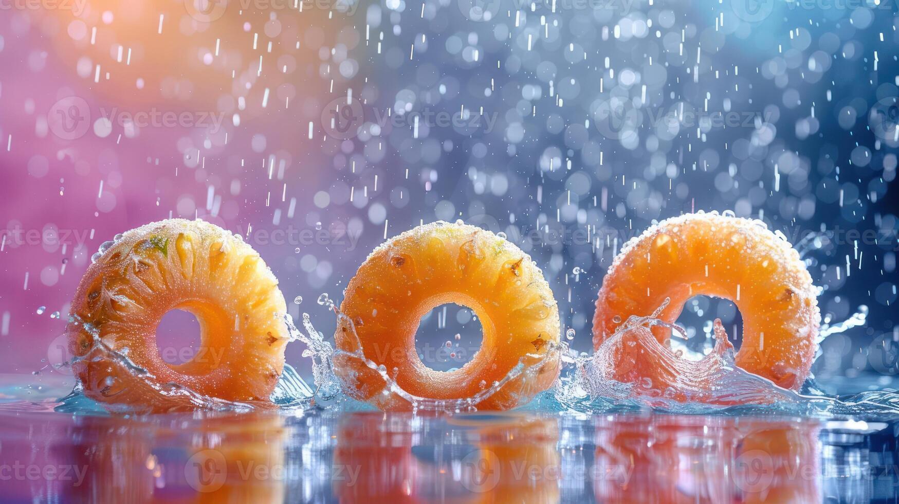 Three pineapple rings splashing in water with a colorful background. photo