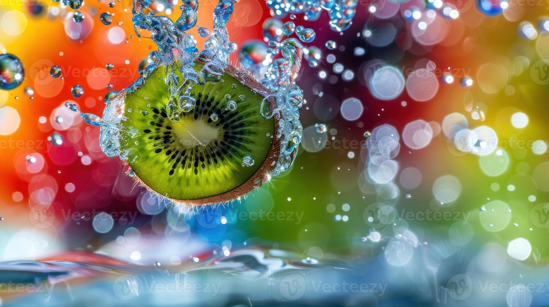 A vibrant kiwi slice splashes into water, creating a colorful and dynamic scene. photo