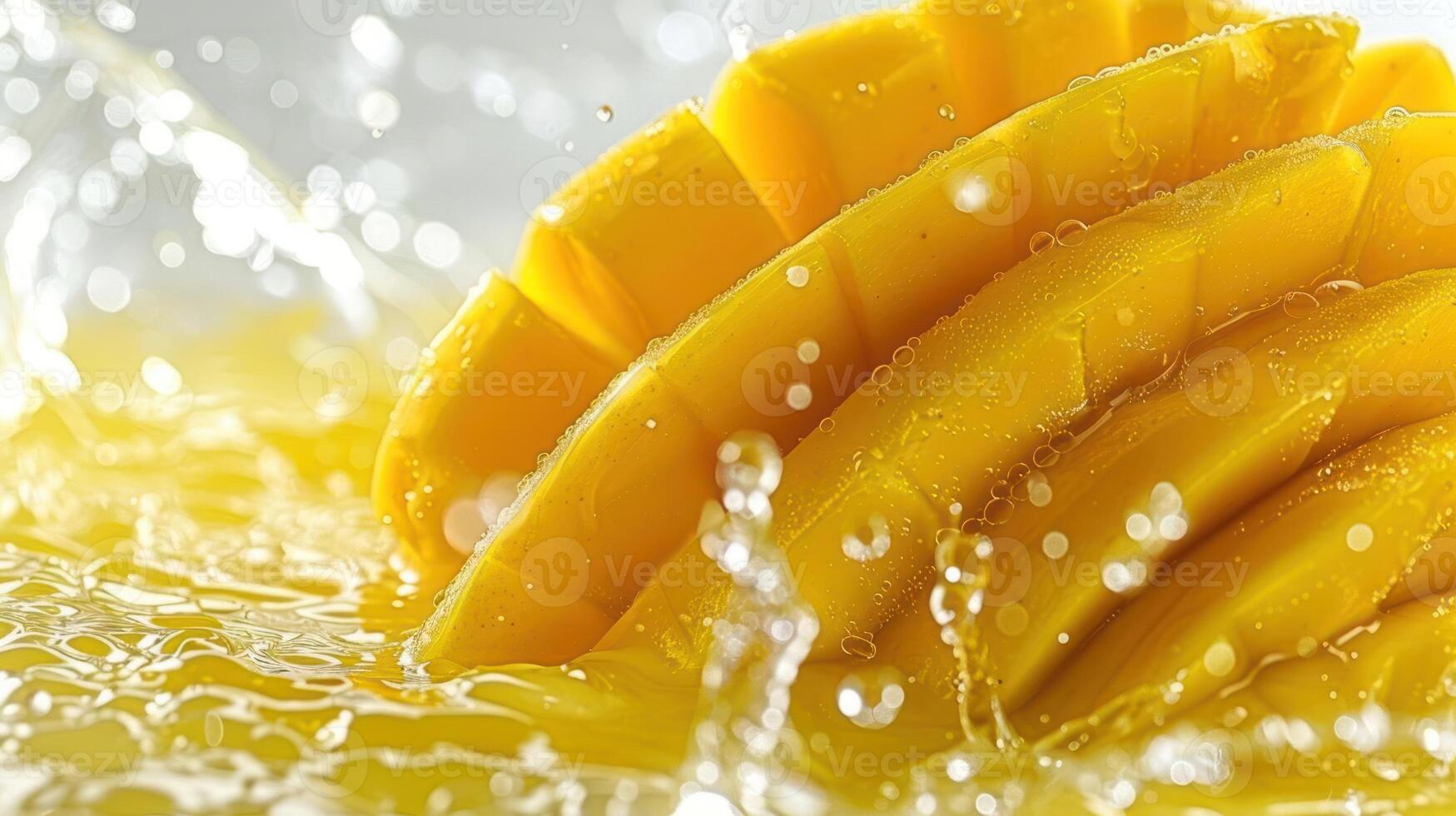 Close-up of sliced mangoes splashing in water, showcasing freshness and vibrant color. photo