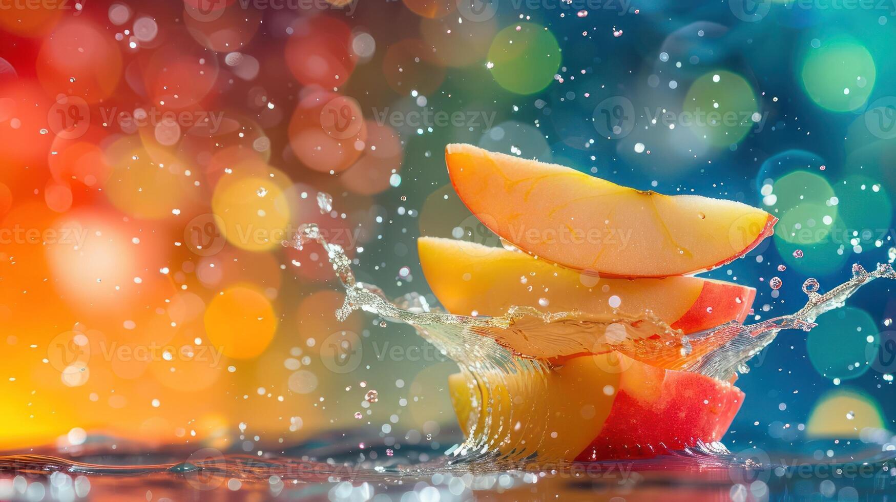 Slices of apples create a splash in water against a colorful, bokeh background. photo