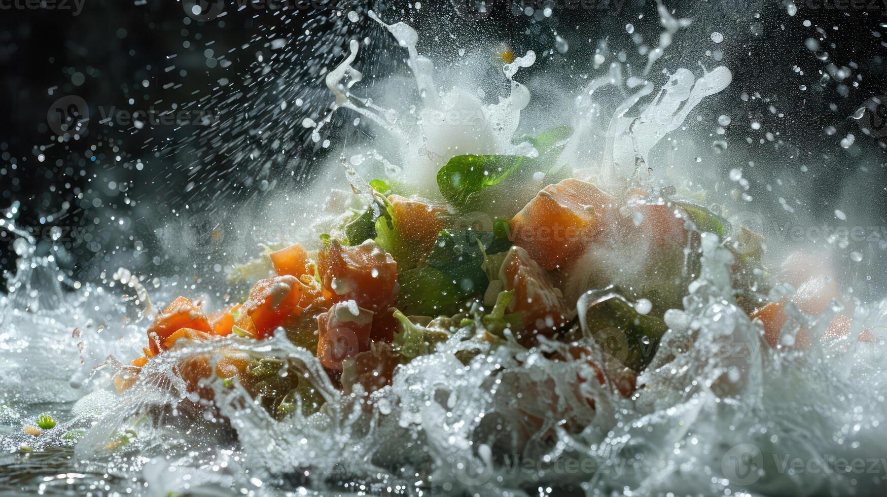A vibrant explosion of vegetables splashing in water, showcasing freshness and culinary creativity. photo