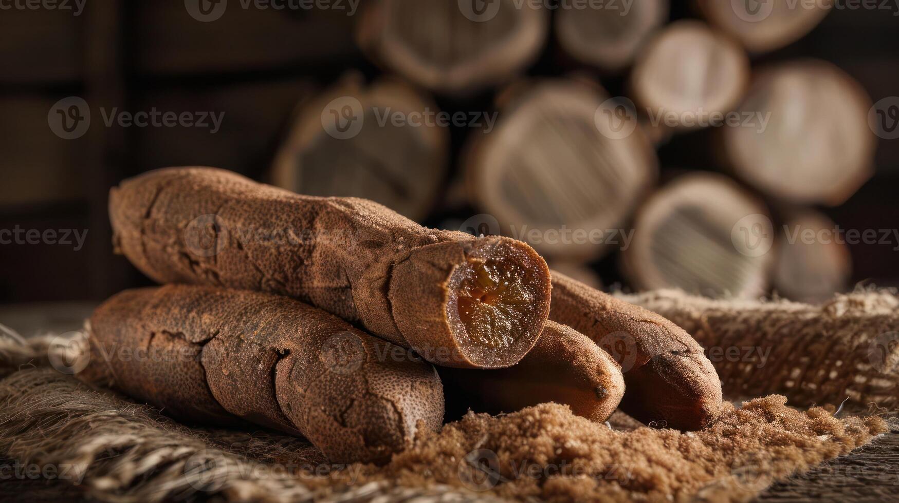 A close-up of tamarind pods and brown sugar on a rustic fabric background. photo