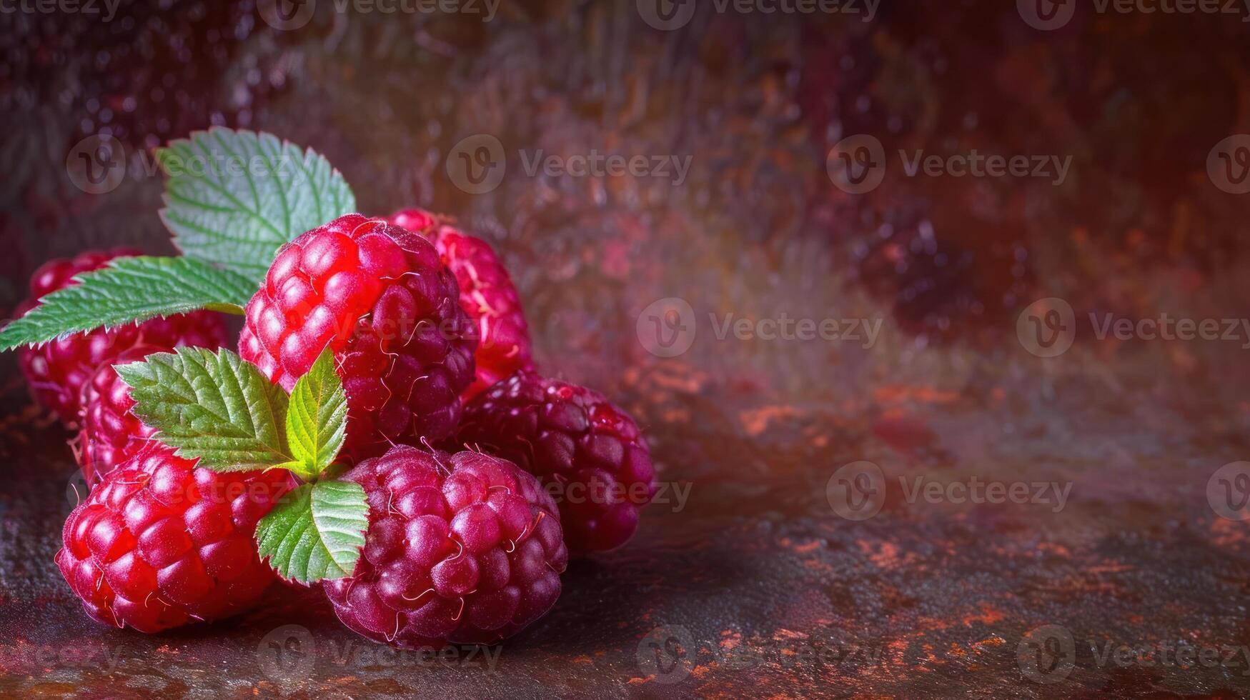A cluster of fresh raspberries with green leaves on a textured background. photo