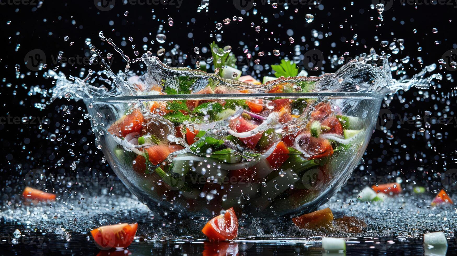 A vibrant salad splashes in a glass bowl, showcasing fresh ingredients and dynamic motion. photo