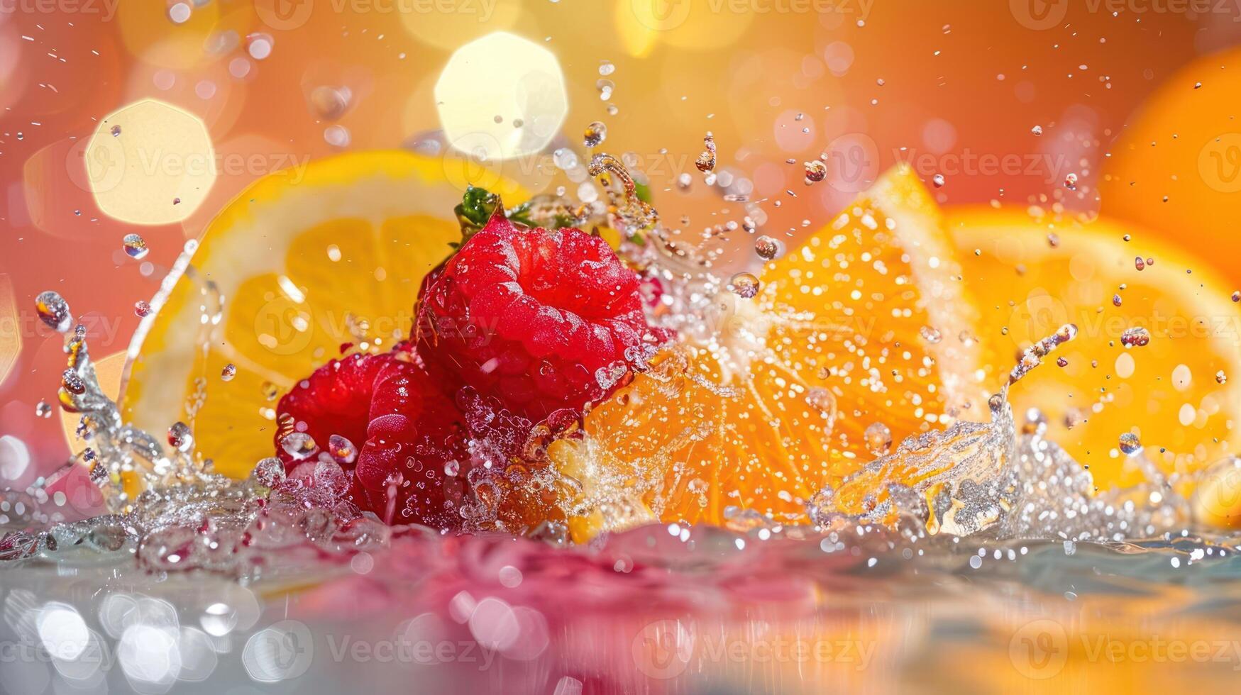 Vibrant fruit splash with raspberries and oranges in water, creating an energetic visual effect. photo