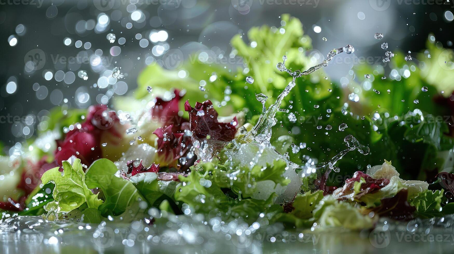 Fresh salad greens splashing with water, showcasing freshness and vitality. photo