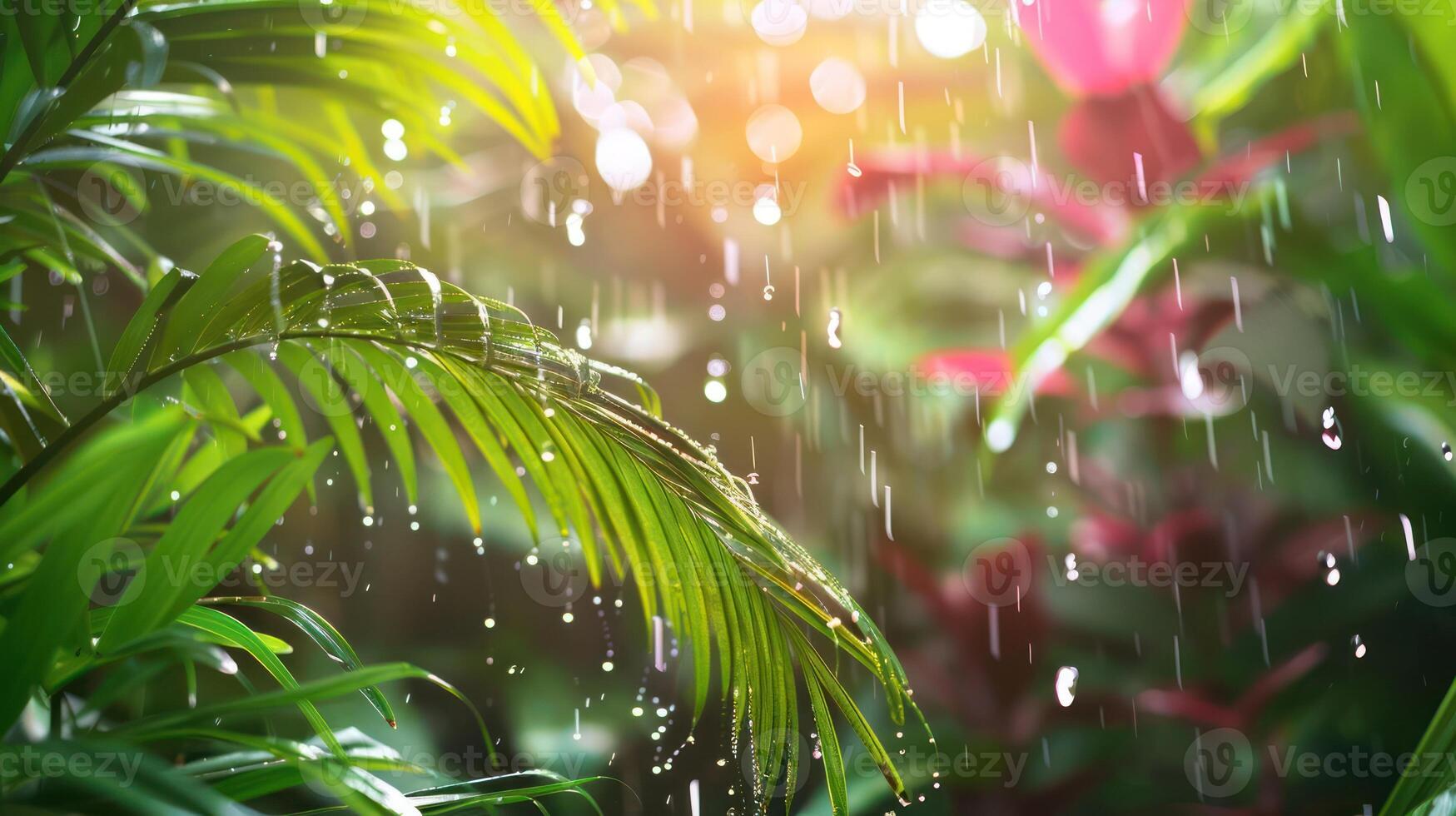 Lush greenery with rain droplets creating a serene, refreshing atmosphere. photo