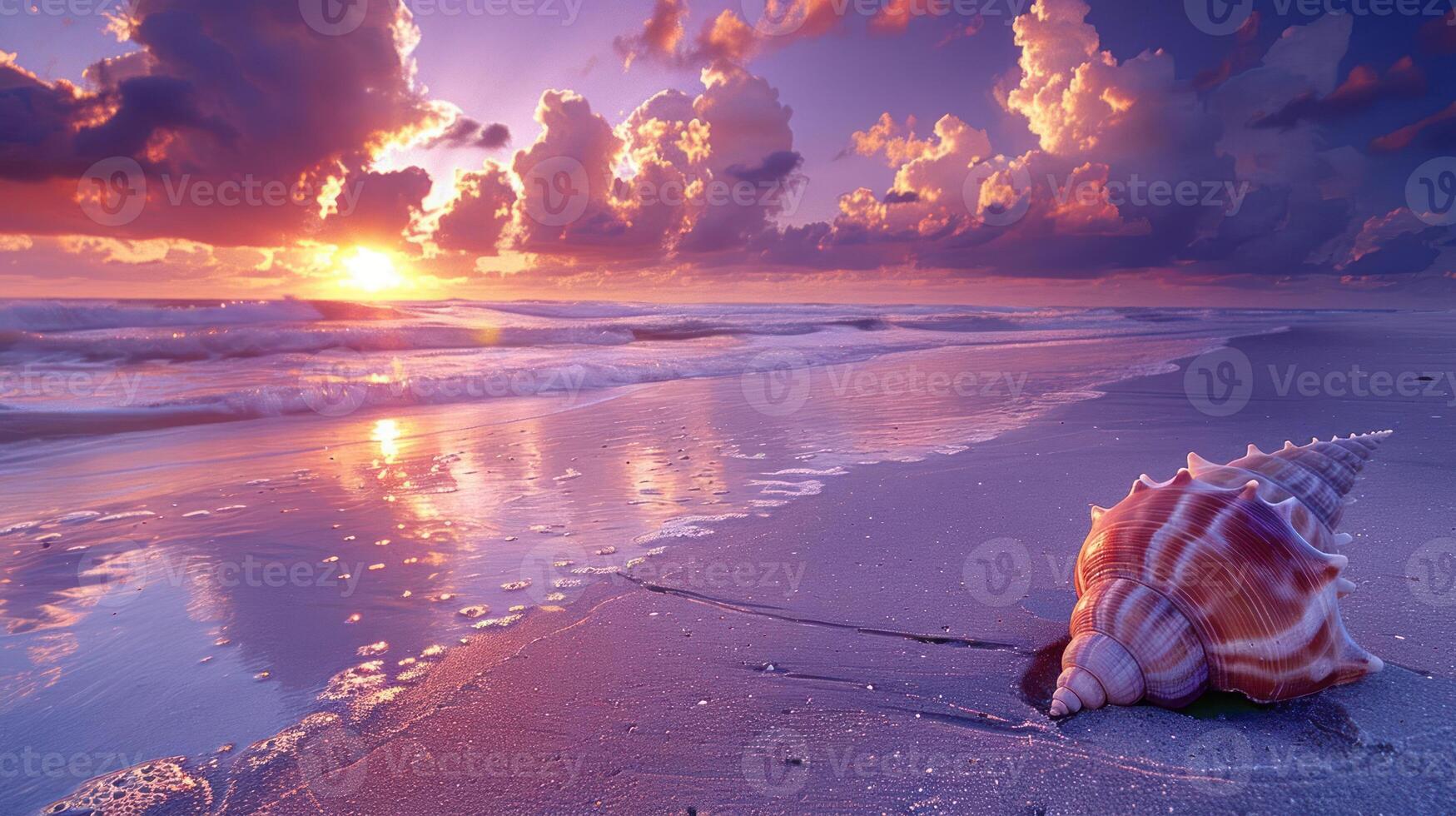 A serene beach scene at sunset with a seashell on the shore. photo