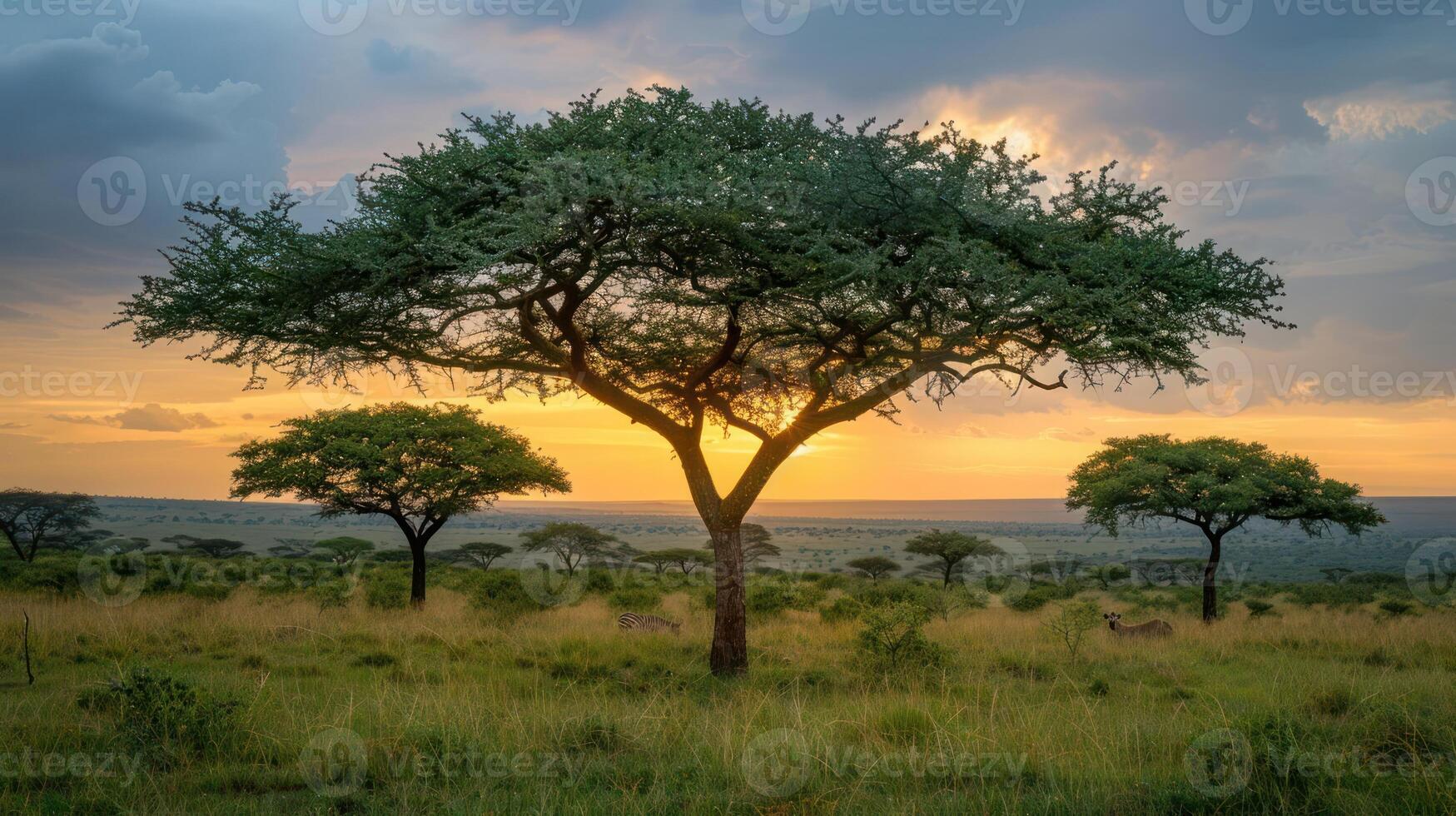 A serene landscape featuring acacia trees against a sunset backdrop in a savanna setting. photo