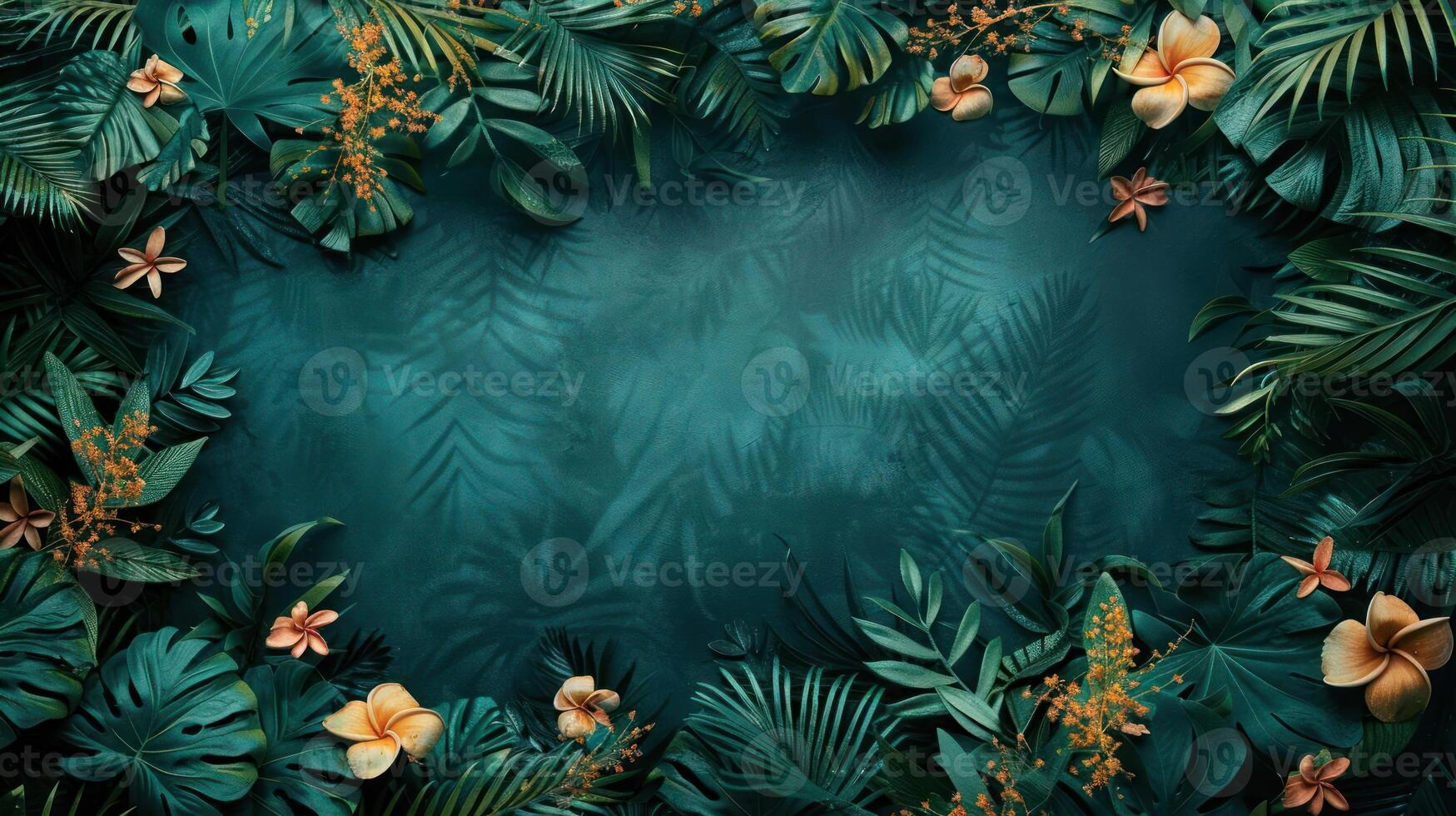 A lush botanical frame featuring tropical leaves and flowers on a teal background. photo
