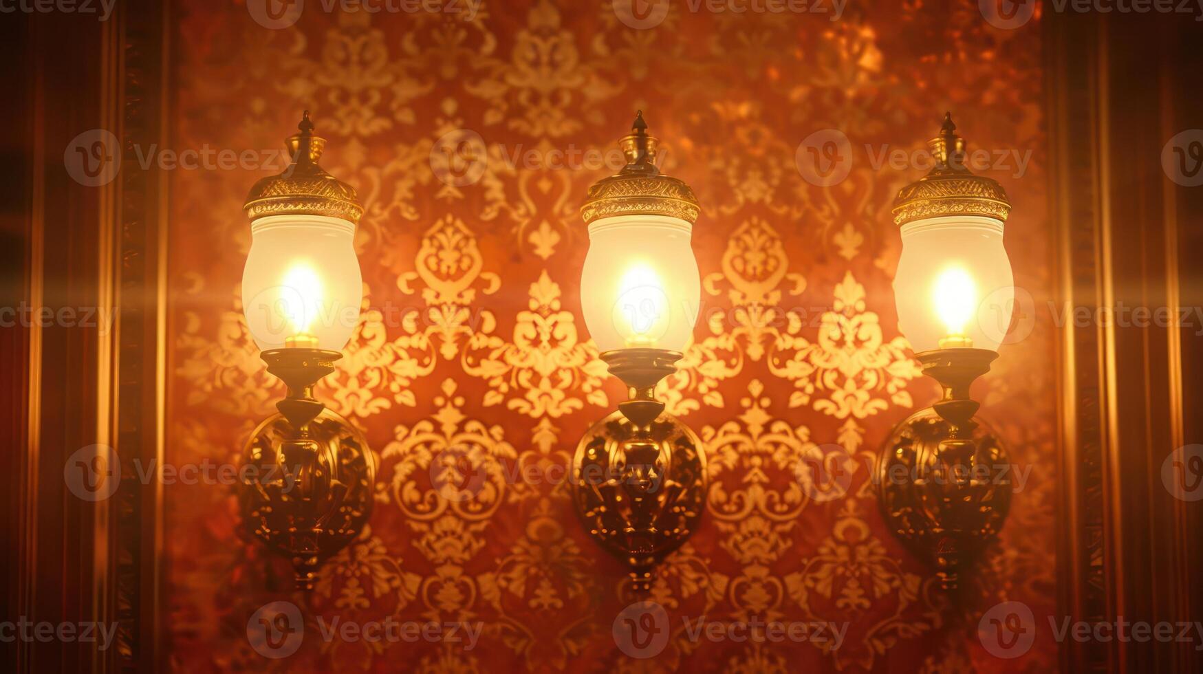 Three ornate wall lamps illuminate a richly patterned red wallpaper backdrop. photo