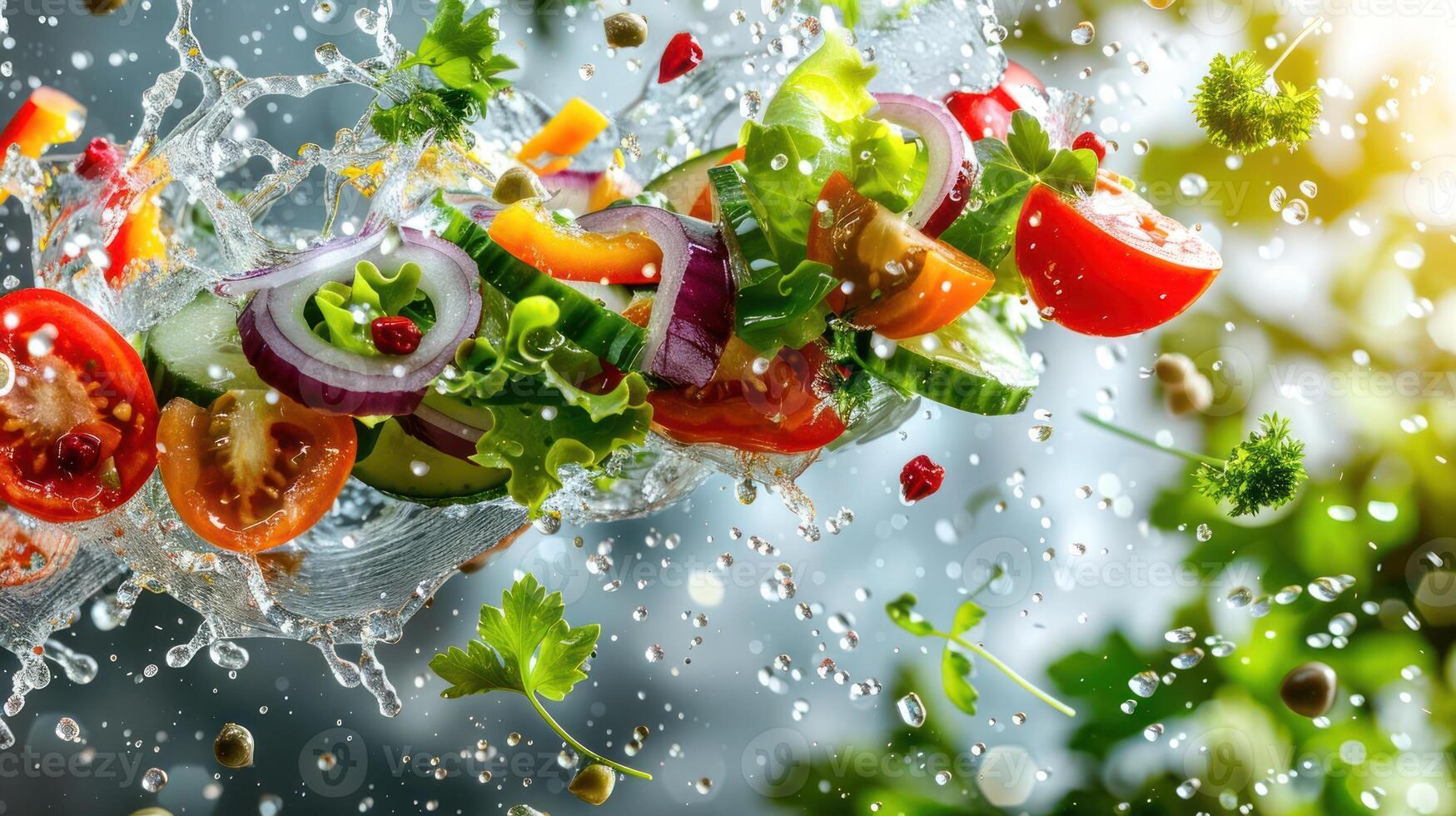 A vibrant splash of fresh vegetables creating a dynamic, appetizing scene. photo