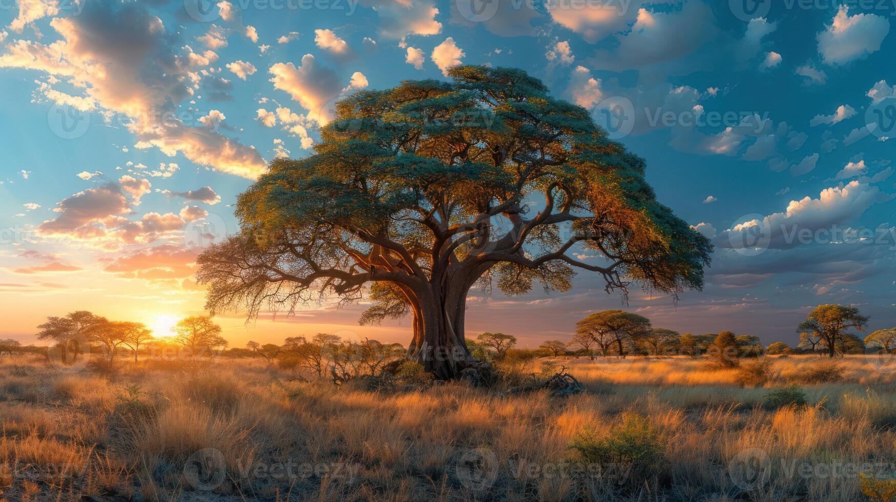 A majestic tree stands in a vibrant sunset landscape, highlighting nature's beauty. photo