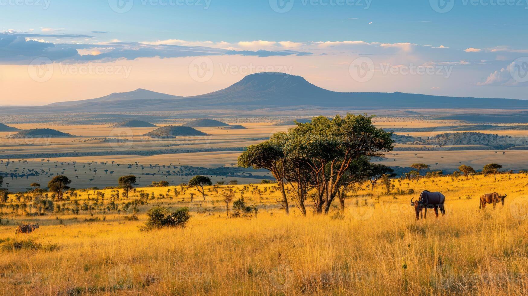 A serene landscape featuring hills, grasslands, and grazing animals under a colorful sky. photo