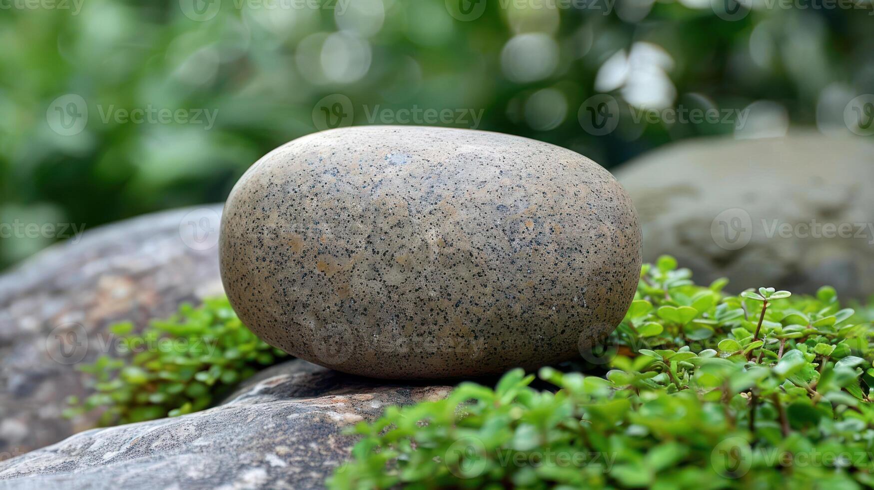 A smooth stone resting on moss-covered rocks in a natural setting. photo