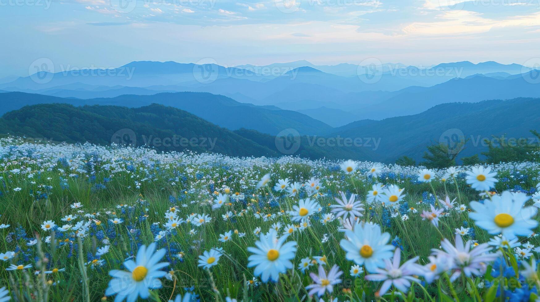 A serene mountain landscape filled with blooming flowers under a soft blue sky. photo
