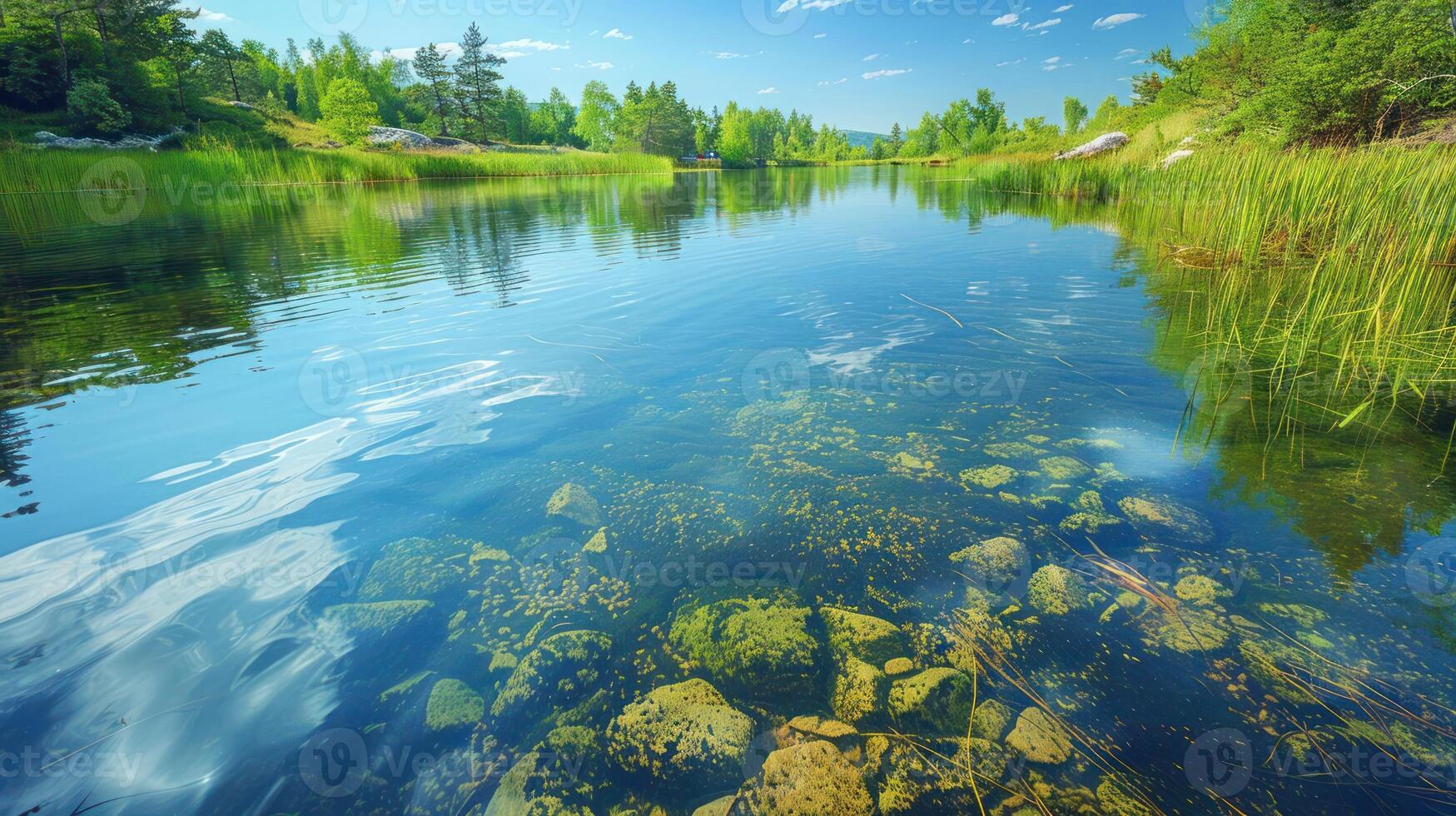 A serene lake reflects blue skies and greenery, showcasing nature's tranquility. photo