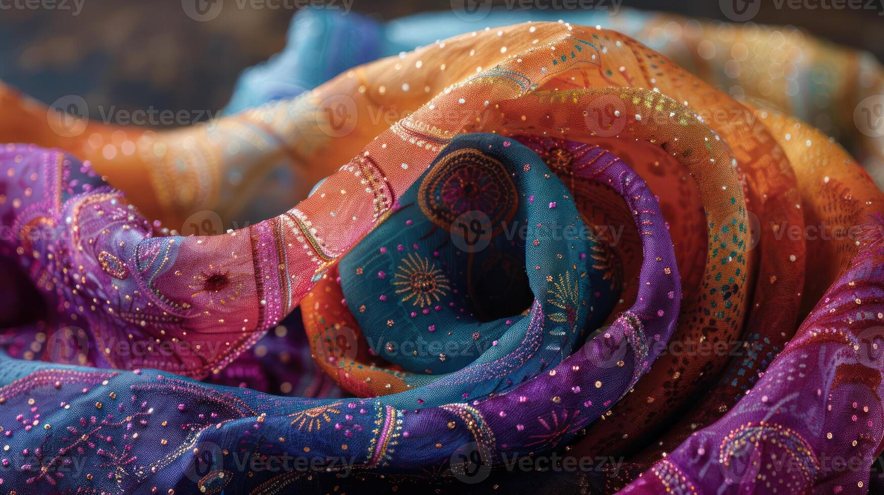 A vibrant, intricately patterned fabric showcasing rich colors and textures. photo