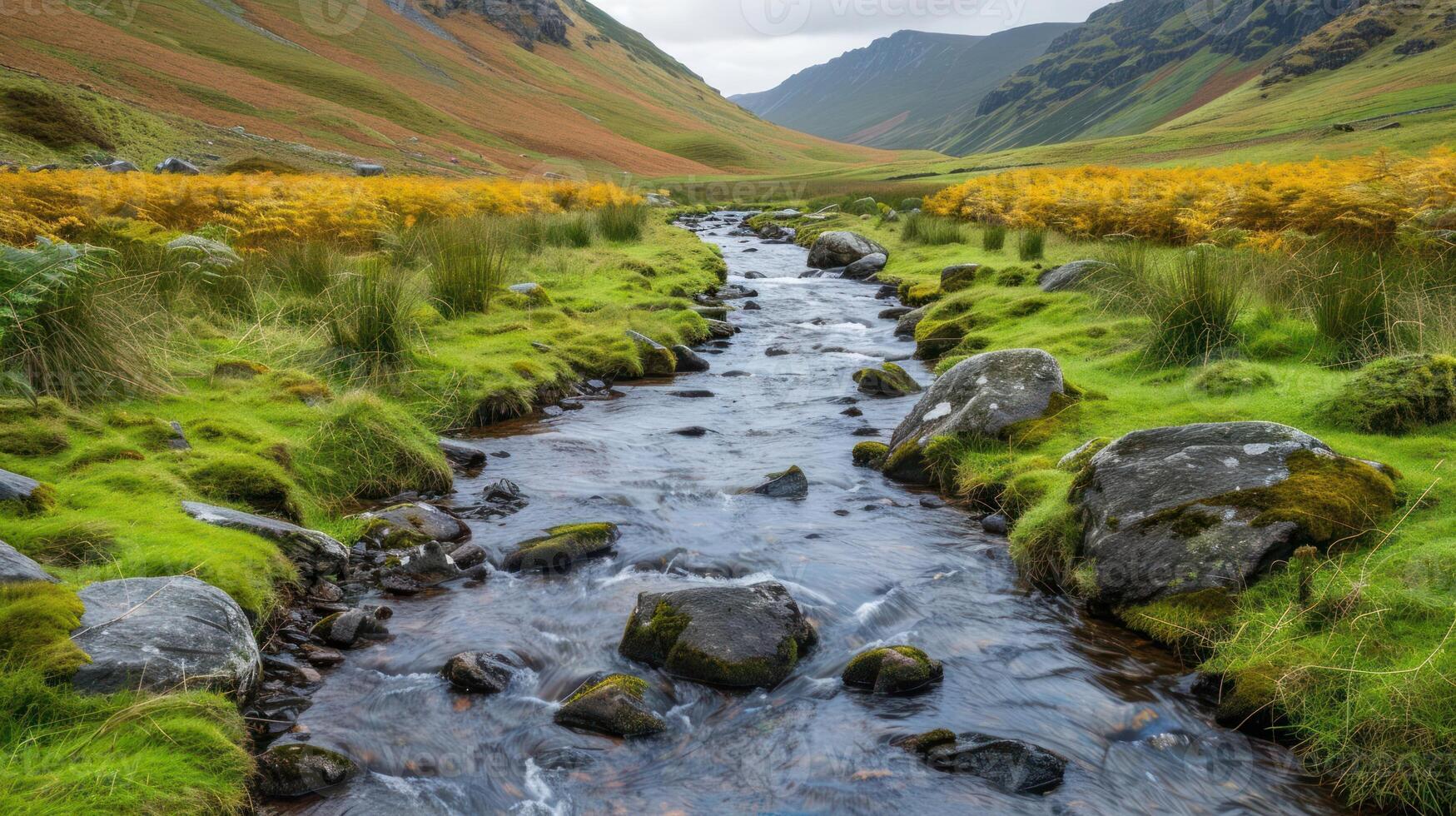 A serene landscape featuring a flowing stream surrounded by lush greenery and hills. photo