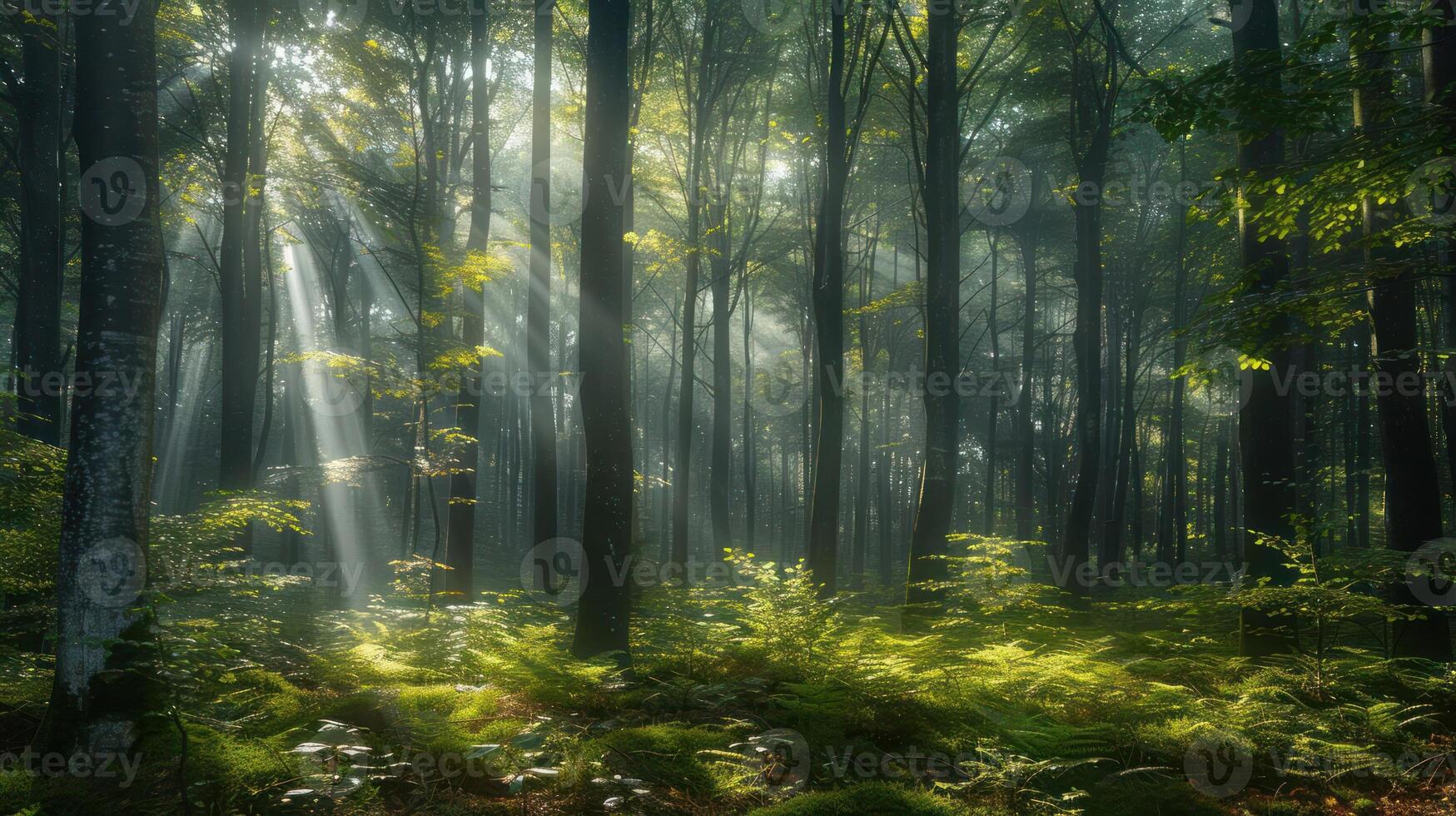 Serene forest scene with sunlight filtering through trees, creating a tranquil atmosphere. photo