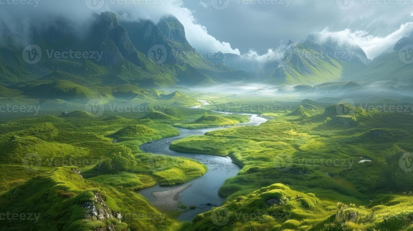 A serene landscape featuring lush greenery, mountains, and a winding river under a cloudy sky. photo