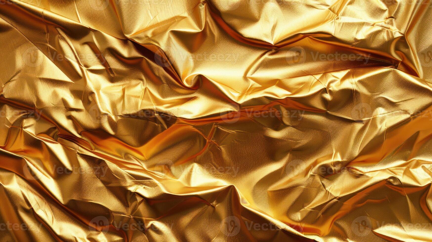 Crumpled golden foil texture creating a luxurious and shiny background. photo