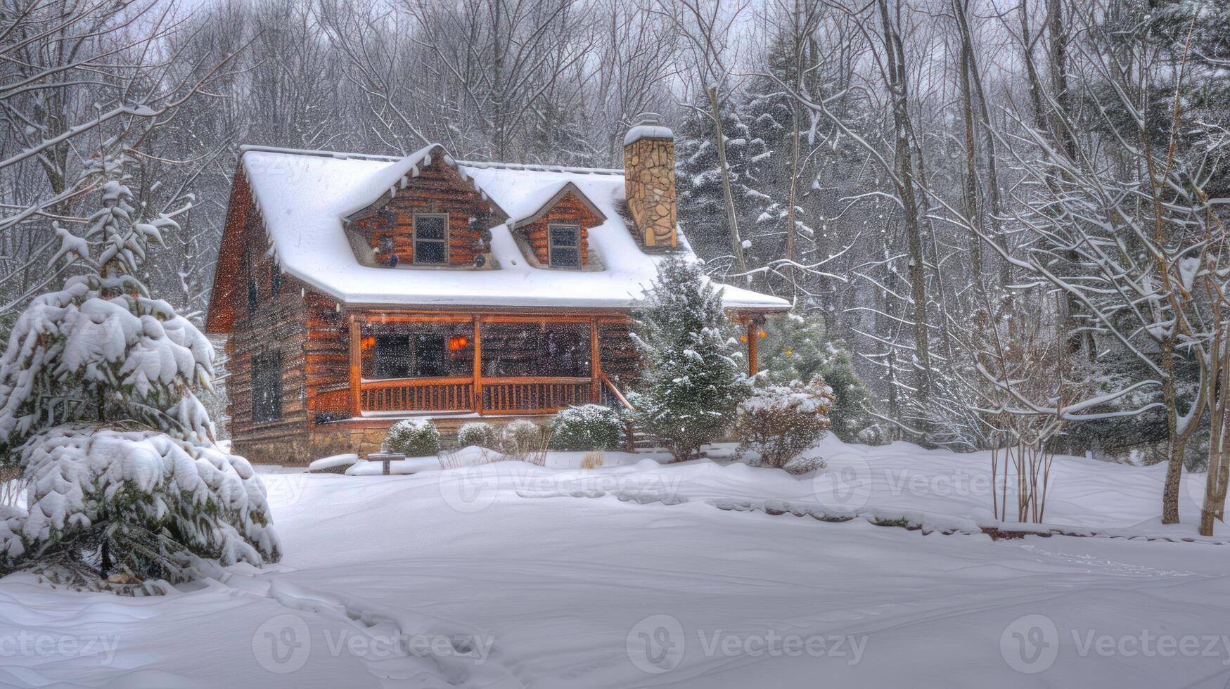 A cozy log cabin surrounded by snow-covered trees in a serene winter landscape. photo