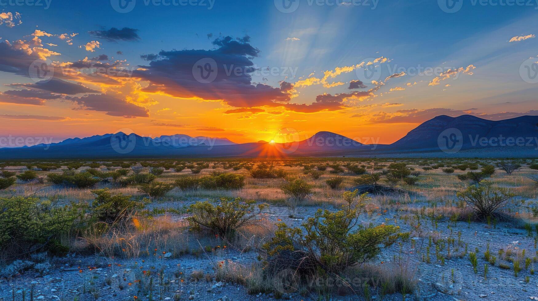 A breathtaking sunset over a desert landscape with mountains in the background. photo