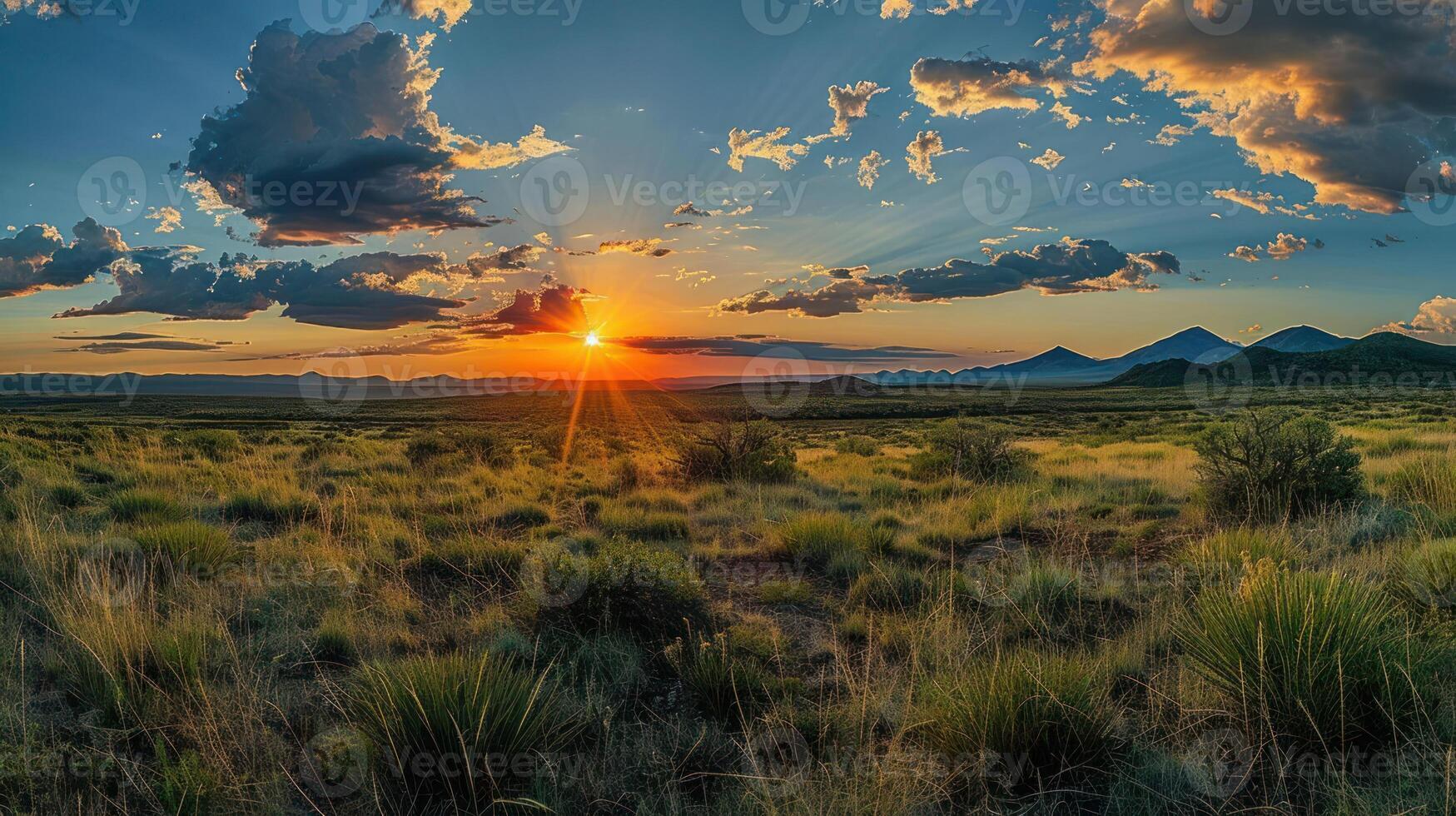 A stunning sunset over a vast landscape with mountains in the distance and vibrant clouds. photo