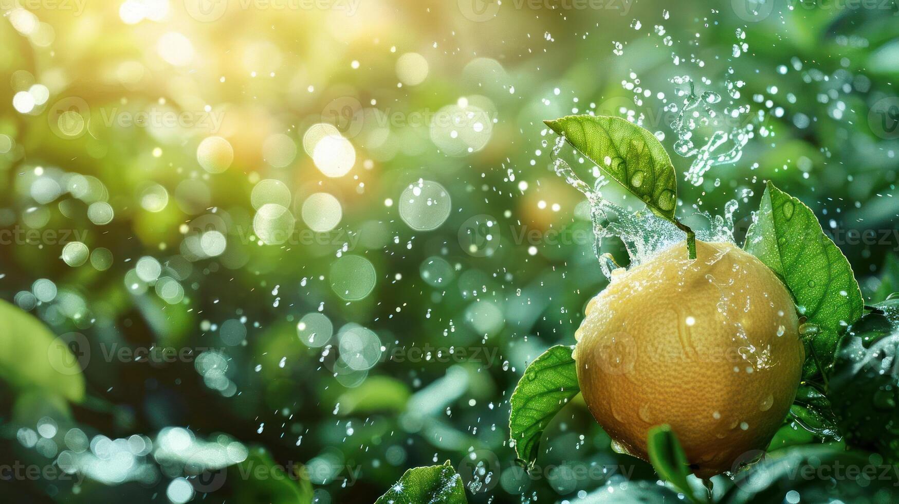 A lemon with water droplets on leaves, illuminated by sunlight, showcasing freshness. photo