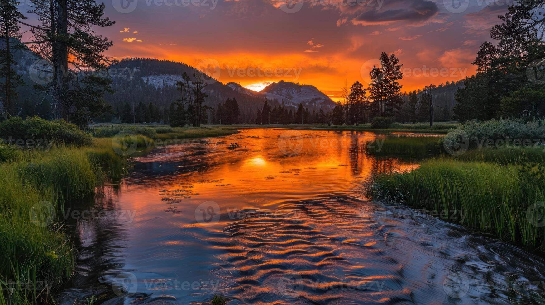 A serene landscape featuring a river reflecting a vibrant sunset amidst mountains and trees. photo