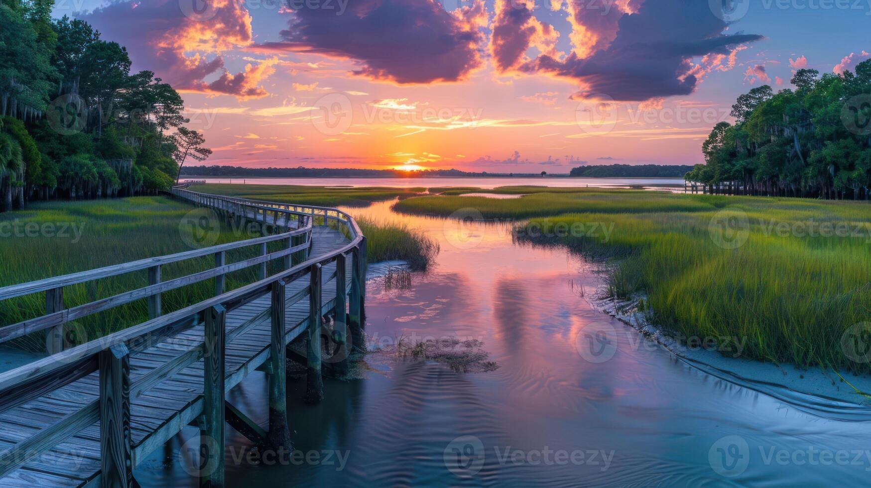 Serene sunset over a winding boardwalk through lush marshland and reflective waters. photo