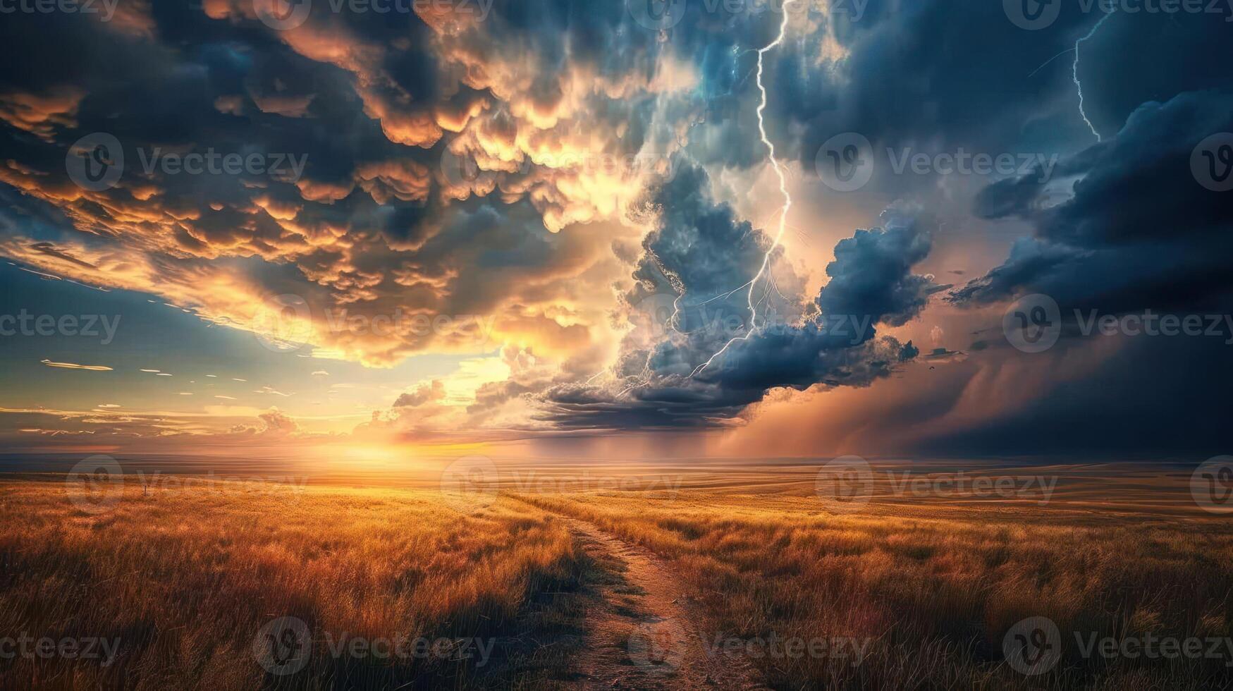 Dramatic sunset over a field with dark clouds and lightning illuminating the sky. photo