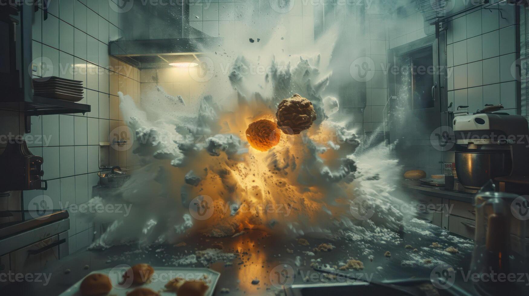 An explosion in a kitchen setting, creating chaos and dramatic effects. photo