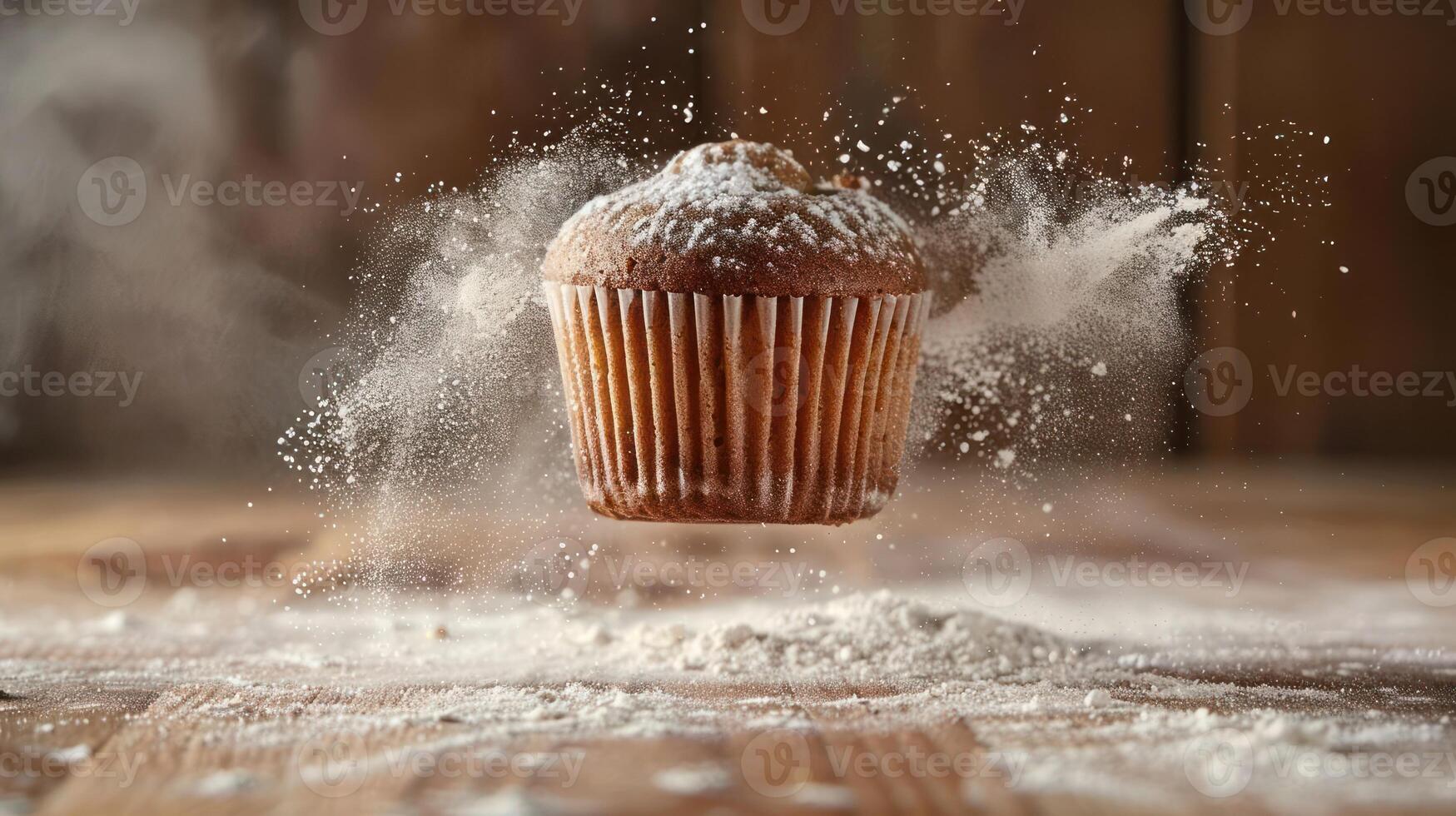 A floating cupcake surrounded by a cloud of flour, showcasing a playful baking scene. photo