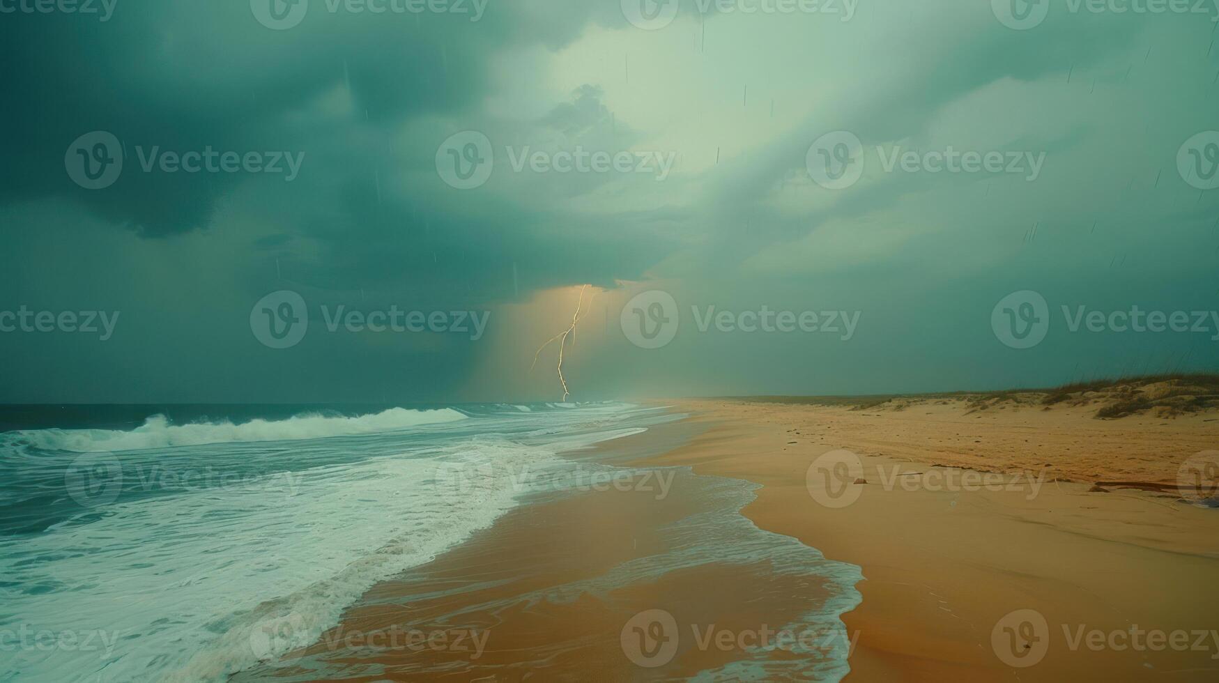 A stormy beach scene with dark clouds, lightning, and crashing waves. photo