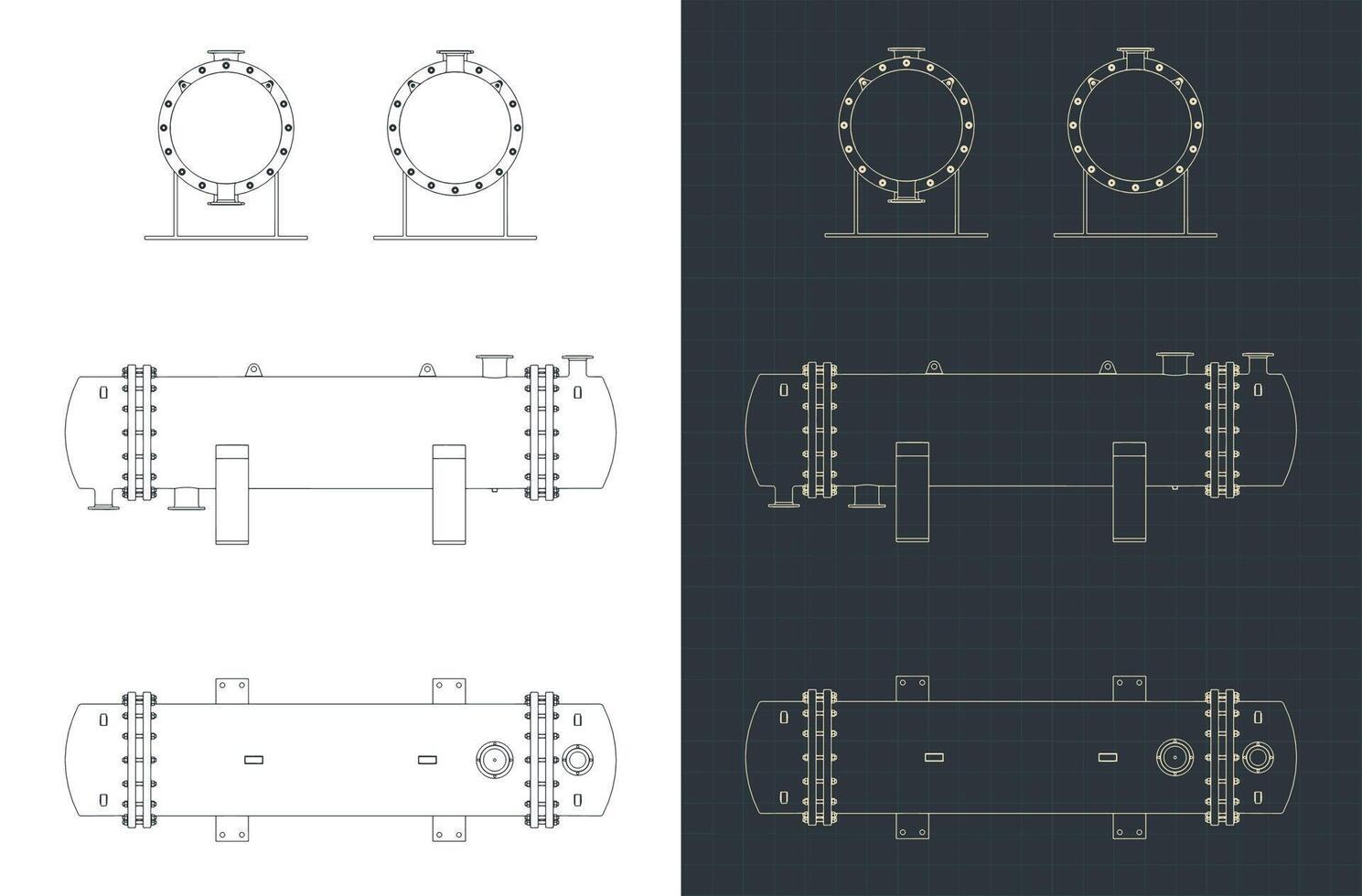 Shell and tube heat exchanger blueprints illustrations vector