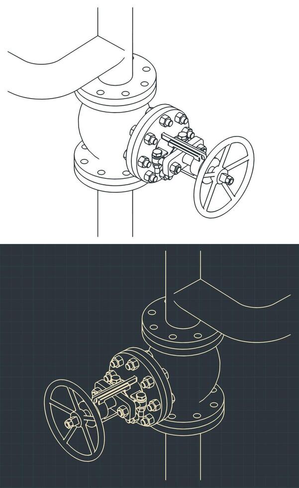 Steam globe valve isometric blueprints vector