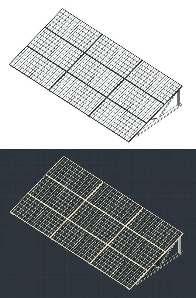 Stationary solar panels isometric blueprints vector