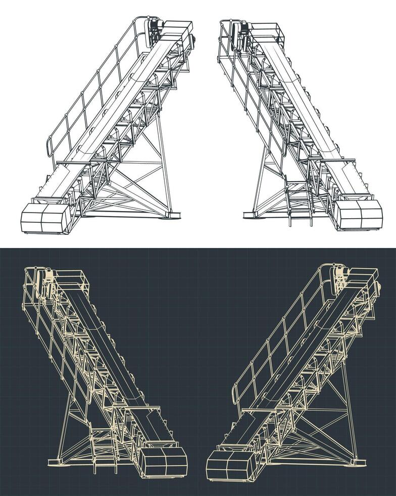 Mine conveyor isometric blueprints illustrations vector