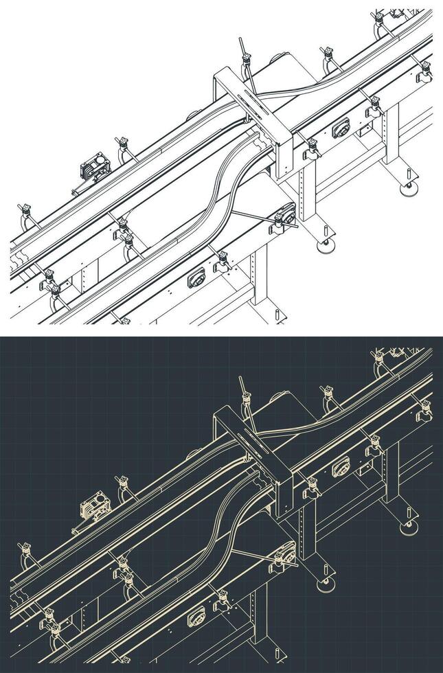 Conveyor production line close-up isometric blueprints vector