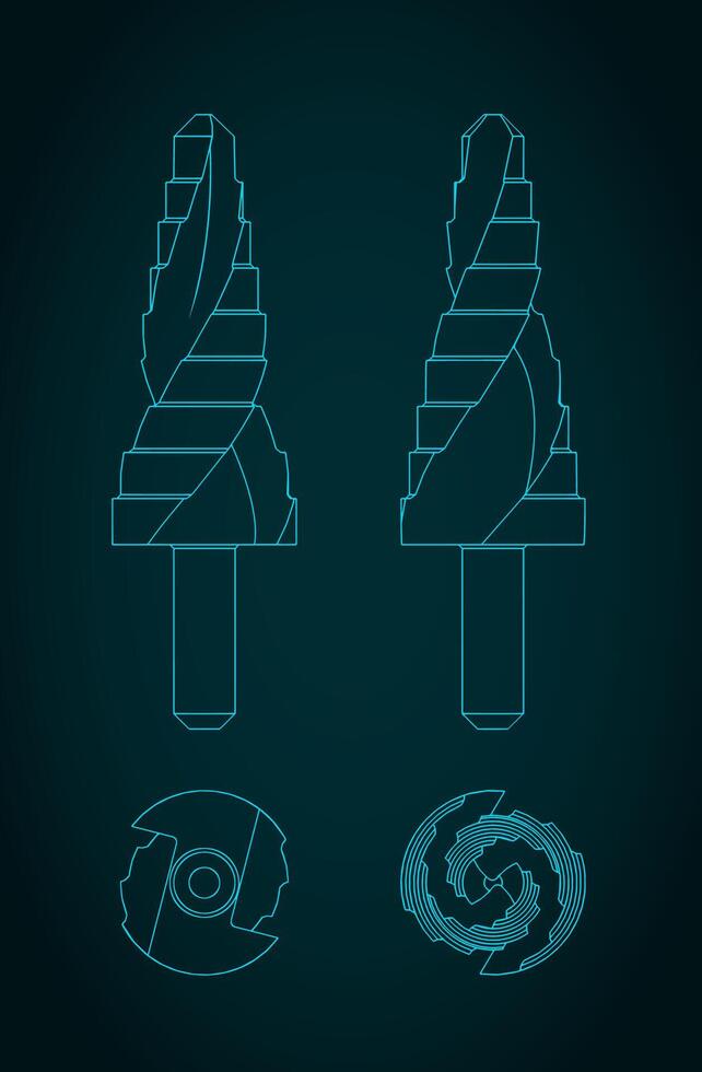 Stepped drill bit blueprints illustration vector