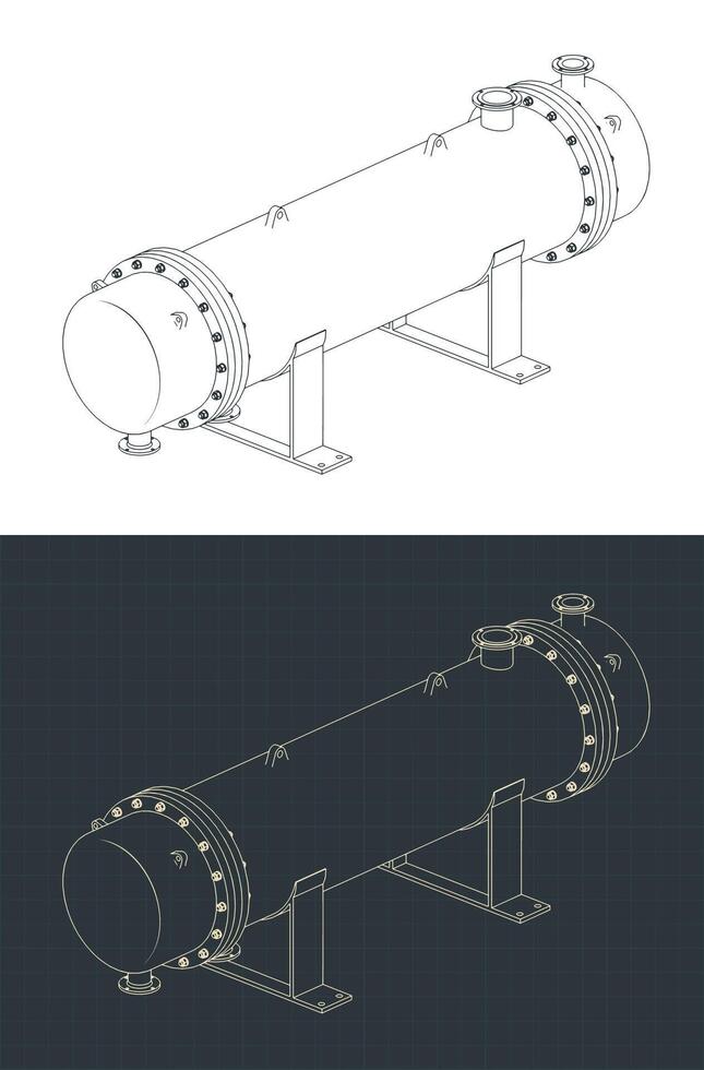 Shell and tube heat exchanger isometric blueprints vector