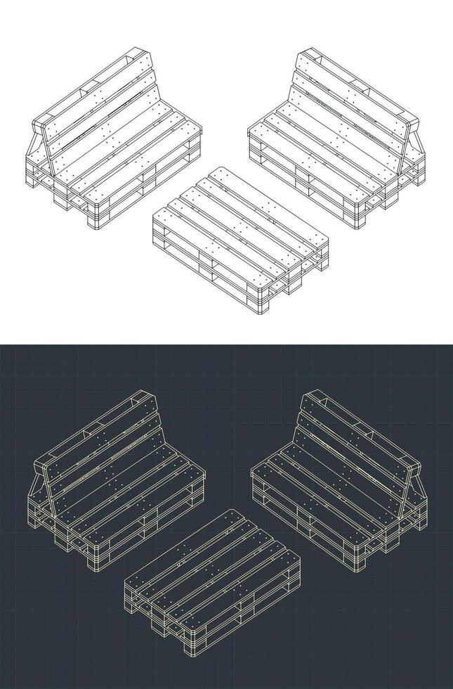 Pallet furniture isometric blueprints vector
