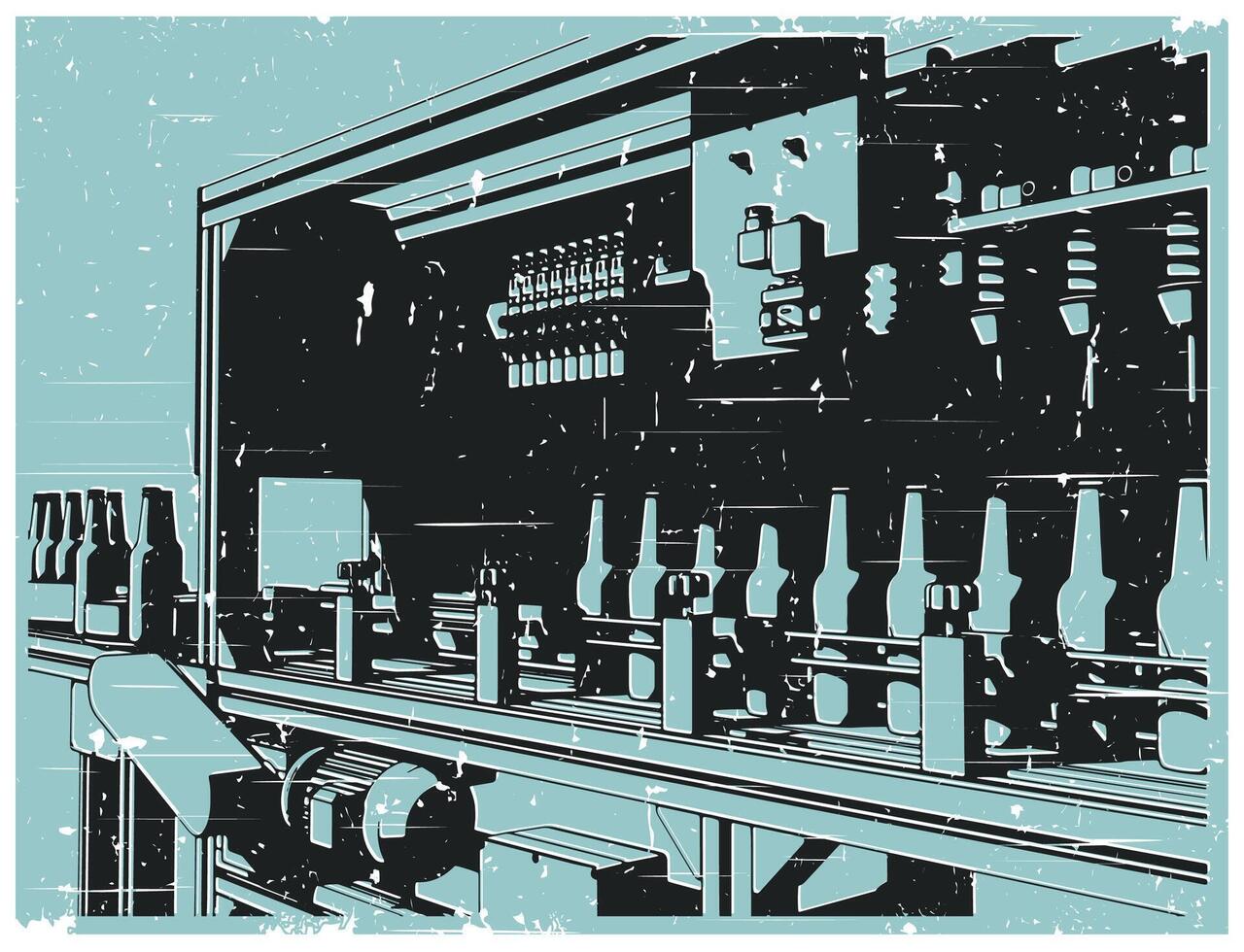 Bottle conveyor close-up retro poster vector