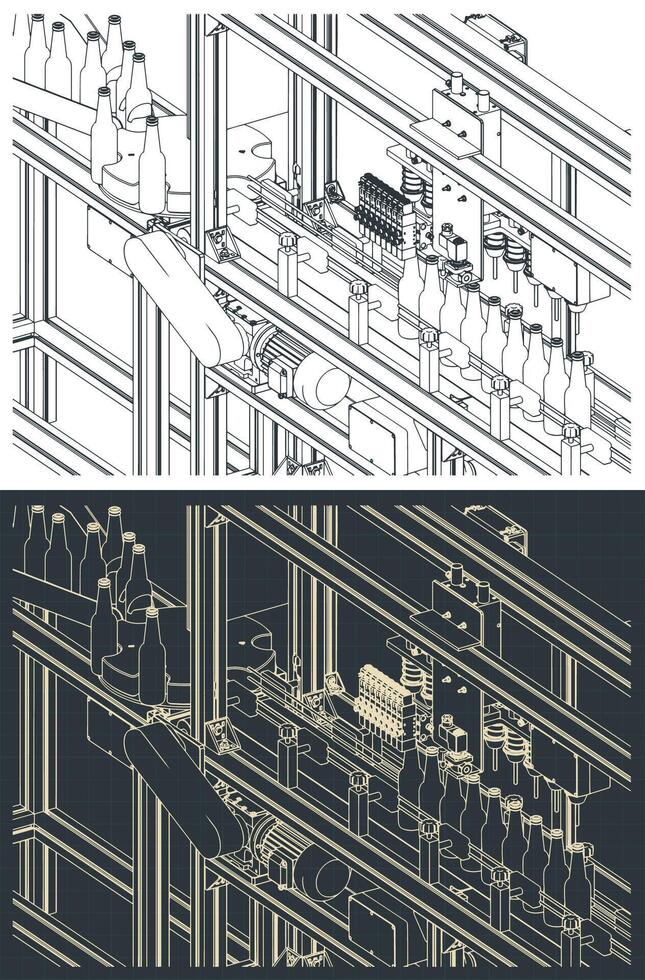 Bottle conveyor close-up isometric blueprints vector